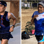 Two runners are featured in the image. The runner on the left is wearing a dark blue tank top, a black hydration vest, and a headband, running next to a rustic wall. The runner on the right is wearing a blue and white Oax Sport shirt, a beanie, and is running on a sunny day with a fence and some vegetation in the background.
