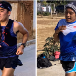 Two runners are featured in the image. The runner on the left is wearing a dark blue tank top, a black hydration vest, and a headband, running next to a rustic wall. The runner on the right is wearing a blue and white Oax Sport shirt, a beanie, and is running on a sunny day with a fence and some vegetation in the background.
