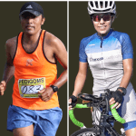 Male runner wearing an orange tank top and a black cap with a race number "083" on the left; female cyclist in a blue and white "Texas Controls" jersey and helmet, holding a green-handlebar bike on the right.