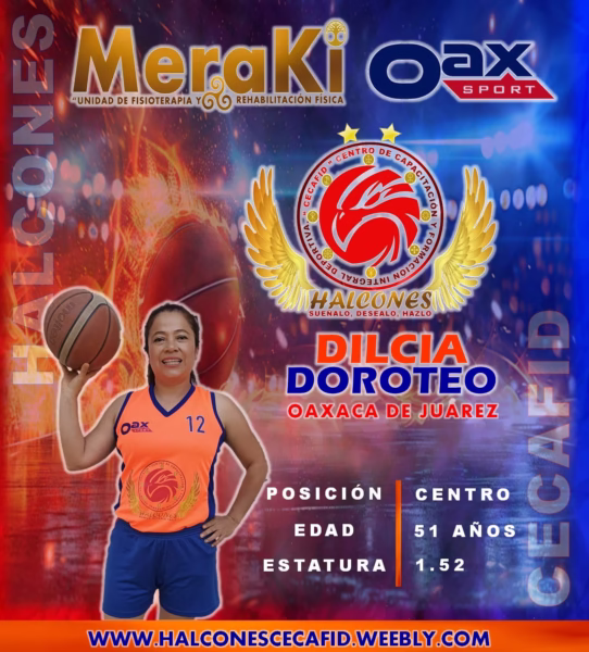 Dilcia Doroteo, jugadora de Halcones CECAFID, originaria de Oaxaca de Juárez, posando con uniforme naranja y balón de básquetbol.
