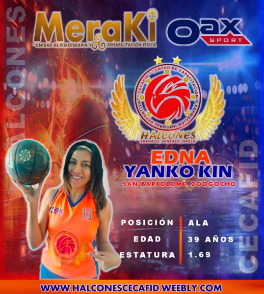 Edna Yanko Kin, jugadora de Halcones CECAFID, originaria de San Bartolomé Zoogocho, posando con uniforme naranja y balón de básquetbol.