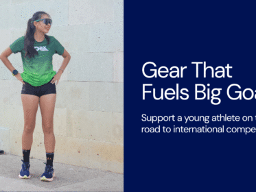 Diana Cinco standing confidently in Oax Sport gear beside the text: “Gear That Fuels Big Goals – Support a young athlete on the road to international competition.”