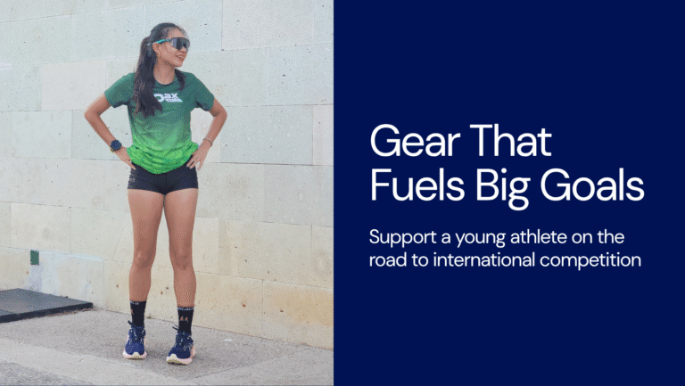 Diana Cinco standing confidently in Oax Sport gear beside the text: “Gear That Fuels Big Goals – Support a young athlete on the road to international competition.”