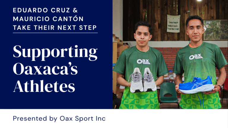 Eduardo Cruz and Mauricio Cantón holding their new running shoes, supported by Oax Sport in Oaxaca, Mexico.