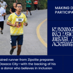 Visually impaired runner Misael Pérez Robles wearing a yellow Jule Perro jersey during a road race, surrounded by other runners on a curved street in Oaxaca.