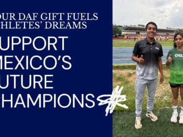 Two young Oax Sport athletes smiling and giving thumbs up on a running track, promoting support for Mexico’s future champions through Donor-Advised Fund gifts.