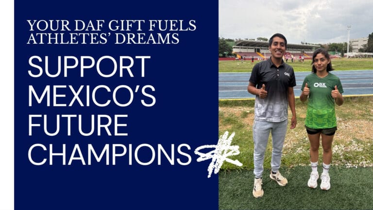 Two young Oax Sport athletes smiling and giving thumbs up on a running track, promoting support for Mexico’s future champions through Donor-Advised Fund gifts.