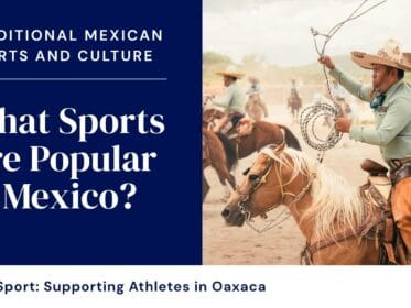 Mexican charro performing charrería on horseback, representing traditional Mexican sports and culture. Text reads: What sports are popular in Mexico? Oax Sport supports athletes in Oaxaca.