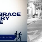 Cover image with the title Embrace Every Mile, a small silhouette of two runners at the bottom, and a black and white photo of a smiling Oax Sport runner on a city street, capturing the joy of running each mile.