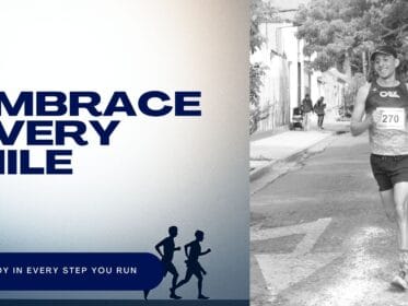 Cover image with the title Embrace Every Mile, a small silhouette of two runners at the bottom, and a black and white photo of a smiling Oax Sport runner on a city street, capturing the joy of running each mile.