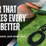 Cover image showing white track spikes resting on a green Oax Sport singlet with the title Gear That Makes Every Run Better and the subtitle Shoes, apparel, and tech that work for you, promoting a blog post about essential running gear and technology.
