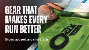 Cover image showing white track spikes resting on a green Oax Sport singlet with the title Gear That Makes Every Run Better and the subtitle Shoes, apparel, and tech that work for you, promoting a blog post about essential running gear and technology.