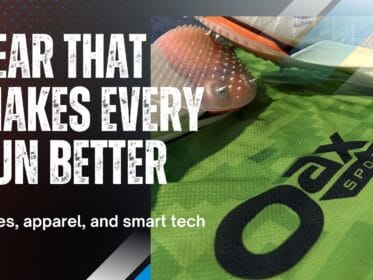 Cover image showing white track spikes resting on a green Oax Sport singlet with the title Gear That Makes Every Run Better and the subtitle Shoes, apparel, and tech that work for you, promoting a blog post about essential running gear and technology.