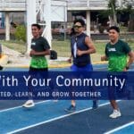 Cover image showing three Oax Sport runners jogging together on the blue track at Venustiano Carranza with a navy banner across the center that reads “Run With Your Community – Stay motivated, learn, and grow together.”