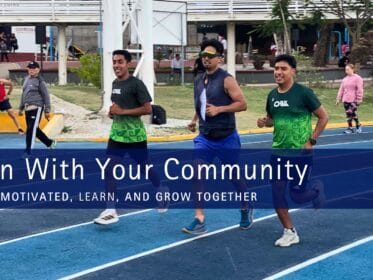 Cover image showing three Oax Sport runners jogging together on the blue track at Venustiano Carranza with a navy banner across the center that reads “Run With Your Community – Stay motivated, learn, and grow together.”