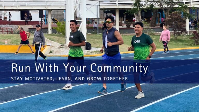 Cover image showing three Oax Sport runners jogging together on the blue track at Venustiano Carranza with a navy banner across the center that reads “Run With Your Community – Stay motivated, learn, and grow together.”