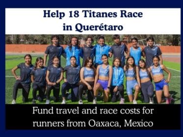 Group photo of 18 Titanes track athletes standing on a green field in Oaxaca, Mexico, used as a cover image for a fundraiser to help them travel and race in Querétaro.
