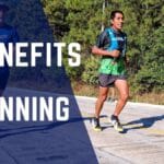 Two runners on a road with text overlay: Benefits of Running.