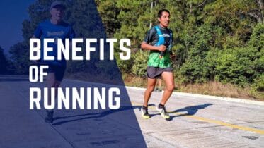 Two runners on a road with text overlay: Benefits of Running.