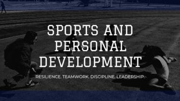 Athletes training on a track with the text Sports and Personal Development and a subtitle about resilience, teamwork, discipline, and leadership.