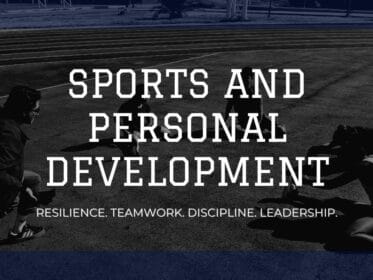 Athletes training on a track with the text Sports and Personal Development and a subtitle about resilience, teamwork, discipline, and leadership.