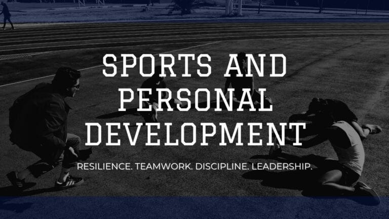 Athletes training on a track with the text Sports and Personal Development and a subtitle about resilience, teamwork, discipline, and leadership.