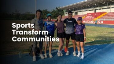 Group of Oax Sport athletes at a track in Oaxaca with the text Sports Transform Communities.