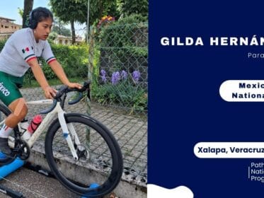 Gilda Hernández, a para-cycling athlete, training on rollers in a Mexico kit ahead of Mexican Track Nationals 2026 in Xalapa, Veracruz.