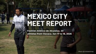 Coach and athletes on a track in Mexico City during the Festival Atlético de Alcaldías, used as the cover image for Oax Sport’s meet report (Jan 17–18, 2026).