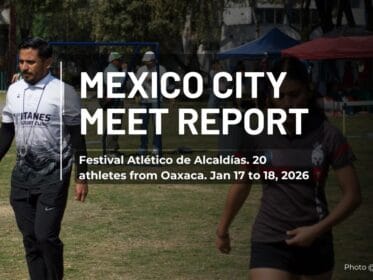 Coach and athletes on a track in Mexico City during the Festival Atlético de Alcaldías, used as the cover image for Oax Sport’s meet report (Jan 17–18, 2026).