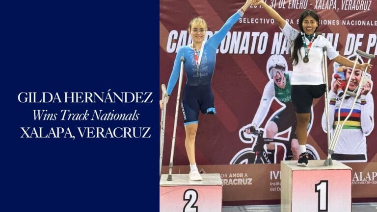 Gilda Hernández on the podium at Track Nationals 2026 in Xalapa, Veracruz, Mexico, holding crutches and wearing her medal.