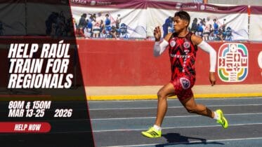 Raúl Martínez sprinting on a track in a red and black uniform with text that reads “Help Raúl Train for Regionals,” plus “80M & 150M” and “Mar 13–25 2026.”