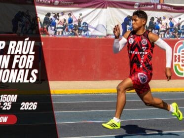 Raúl Martínez sprinting on a track in a red and black uniform with text that reads “Help Raúl Train for Regionals,” plus “80M & 150M” and “Mar 13–25 2026.”