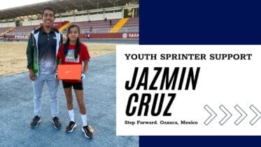 Coach and youth sprinter stand on a track in Oaxaca, Mexico. The athlete holds an orange Nike shoe box. A title card reads “Youth Sprinter Support. Jazmin Cruz. Step Forward. Oaxaca, Mexico.”