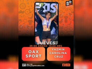 Jazmín Carolina Cruz celebrates with a medal on the track, featured on the Tribu al Extremo 106.1 FM poster for Oax Sport, Thursday at 7:00 p.m.