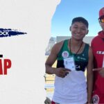 Raúl Martínez Ramírez stands with Coach José Mariano Velázquez Palacios at a track meet, holding event credentials, with cover text “Mar 13–25 Block” and “Raúl Recap.”