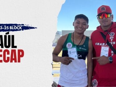 Raúl Martínez Ramírez stands with Coach José Mariano Velázquez Palacios at a track meet, holding event credentials, with cover text “Mar 13–25 Block” and “Raúl Recap.”