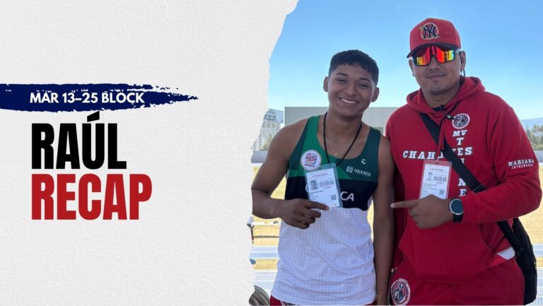 Raúl Martínez Ramírez stands with Coach José Mariano Velázquez Palacios at a track meet, holding event credentials, with cover text “Mar 13–25 Block” and “Raúl Recap.”