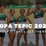 Four Titanes track and field athletes from Oaxaca stand on a track in team uniforms before Copa Tepic 2026.