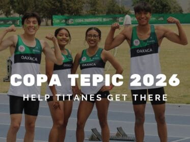 Four Titanes track and field athletes from Oaxaca stand on a track in team uniforms before Copa Tepic 2026.