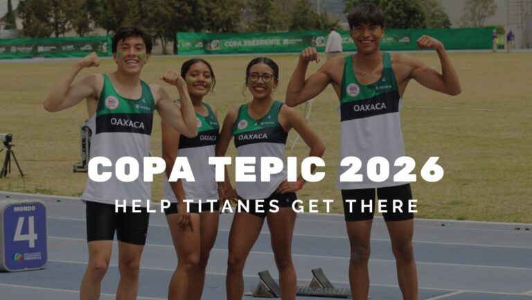 Four Titanes track and field athletes from Oaxaca stand on a track in team uniforms before Copa Tepic 2026.