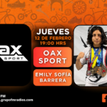 Oax Sport promotional cover for Jueves de Oax Sport on Tribu al Extremo, featuring Emily Sofía Barrera with medals and a championship belt, the Oax Sport logo, date, time, 106.1 FM, and Facebook Live branding.