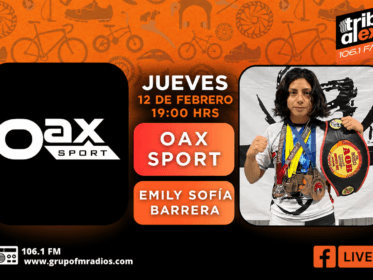 Oax Sport promotional cover for Jueves de Oax Sport on Tribu al Extremo, featuring Emily Sofía Barrera with medals and a championship belt, the Oax Sport logo, date, time, 106.1 FM, and Facebook Live branding.