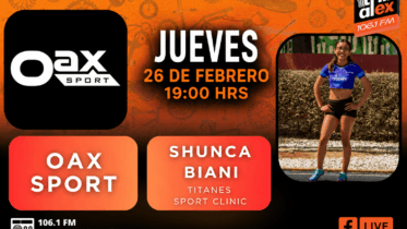 Gráfico promocional horizontal de Jueves de Oax Sport en Tribu al Extremo, con Shunca Biani Moya Santiago en uniforme de Titanes Sport Clinic, el logotipo de Oax Sport, la fecha 26 de febrero, la hora 19:00, 106.1 FM y la marca de Facebook Live.