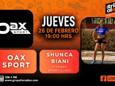Gráfico promocional horizontal de Jueves de Oax Sport en Tribu al Extremo, con Shunca Biani Moya Santiago en uniforme de Titanes Sport Clinic, el logotipo de Oax Sport, la fecha 26 de febrero, la hora 19:00, 106.1 FM y la marca de Facebook Live.