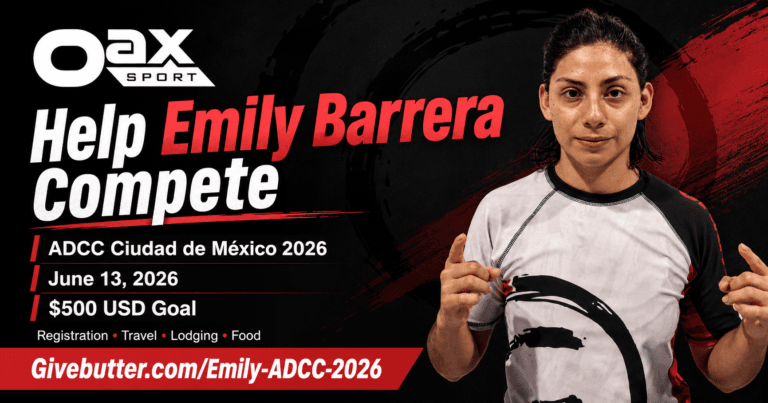 Emily Barrera, an athlete from Oaxaca, appears on a campaign card asking donors to help her compete at ADCC Ciudad de México 2026 on June 13, 2026.