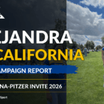 Alejandra Paulina Ortiz Hernández standing on the infield at the Pomona-Pitzer Track and Field Invite in Claremont, California, in April 2026, under a bright cloudy sky, with Oax Sport branding and text that reads Alejandra en California, Post-Campaign Report, and Pomona-Pitzer Invite 2026.