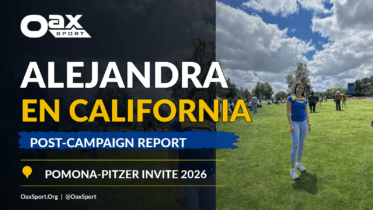 Alejandra Paulina Ortiz Hernández standing on the infield at the Pomona-Pitzer Track and Field Invite in Claremont, California, in April 2026, under a bright cloudy sky, with Oax Sport branding and text that reads Alejandra en California, Post-Campaign Report, and Pomona-Pitzer Invite 2026.
