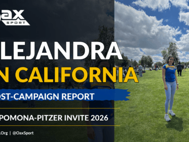 Alejandra Paulina Ortiz Hernández standing on the infield at the Pomona-Pitzer Track and Field Invite in Claremont, California, in April 2026, under a bright cloudy sky, with Oax Sport branding and text that reads Alejandra en California, Post-Campaign Report, and Pomona-Pitzer Invite 2026.
