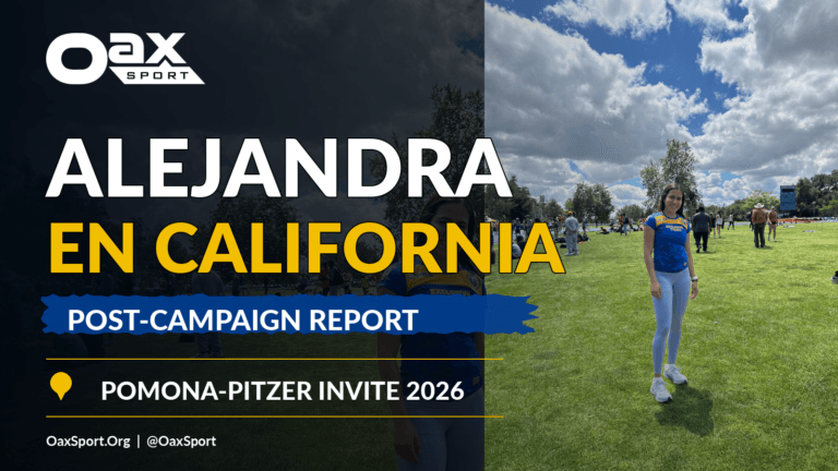 Alejandra Paulina Ortiz Hernández standing on the infield at the Pomona-Pitzer Track and Field Invite in Claremont, California, in April 2026, under a bright cloudy sky, with Oax Sport branding and text that reads Alejandra en California, Post-Campaign Report, and Pomona-Pitzer Invite 2026.